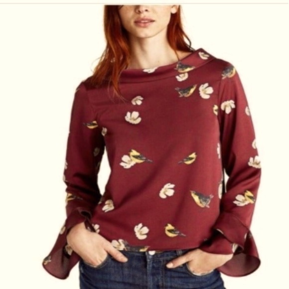 Zara Bird Print Ruffle Sleeve Blouse - Picture 1 of 11